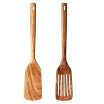 2-Piece Wooden Spatula Set Nonstick Safe Heat Resistant Solid & Slotted Turner | Anti-scald Grip Easy Clean BPA Free | For Eggs Fish Sauté Veggies | Nonstick Pan Accessories for Daily Cooking