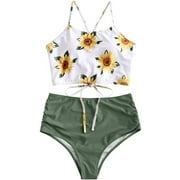 Women's Leaf Print Lace Up Ruched High Waisted Tankini Set Swimsuit