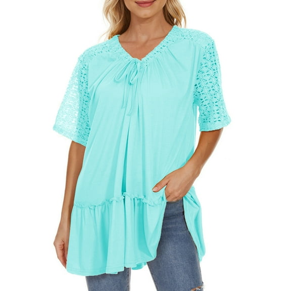 Mittory Women's Plus Size Summer Tops Short Sleeve Lace Pleated Blouses Tunic Tops