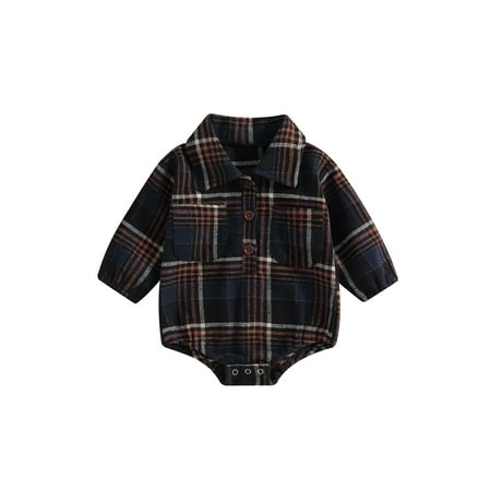 

Tregren Baby Boy Plaid Shirt Romper Flannel Long Sleeve Oversized Tops Infant Button Down Fall Clothes