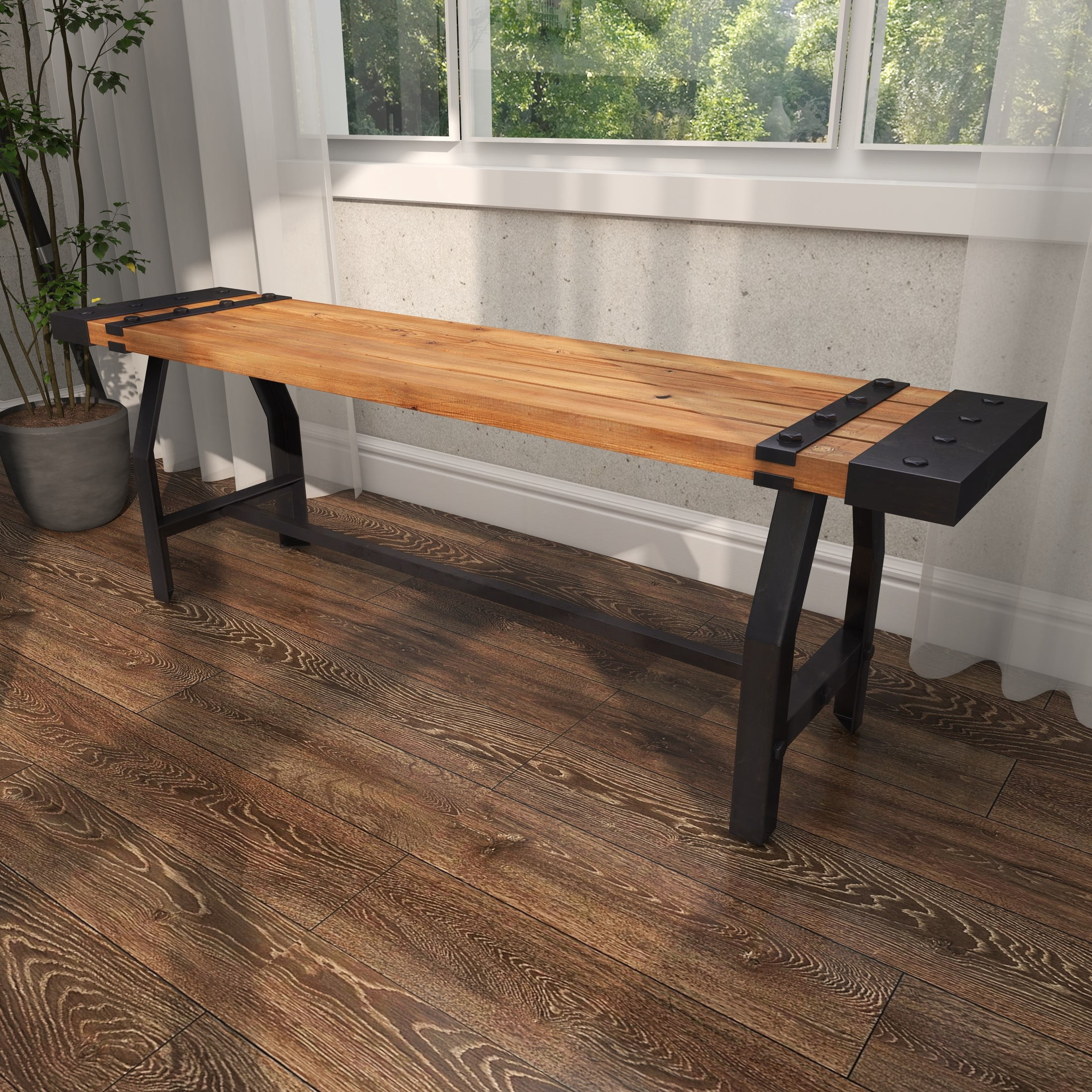 DecMode Wood Slatted Bench with Black Metal Base and Studs, Brown