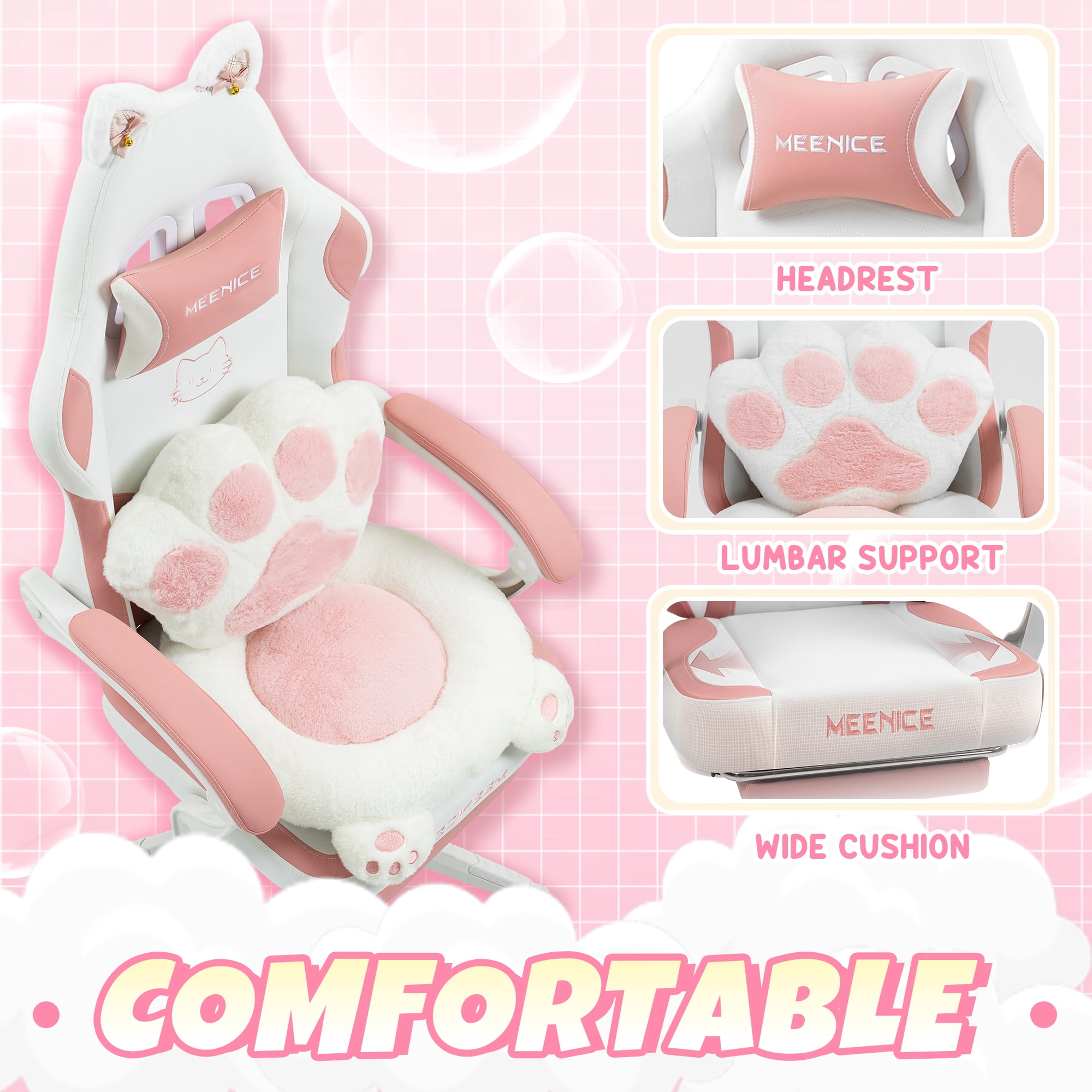 KARXAS Adult Cute Cat Ear Paw Print Reclining Fabric PC Gaming Chair with Footrest and Lumbar Support, Pink/White