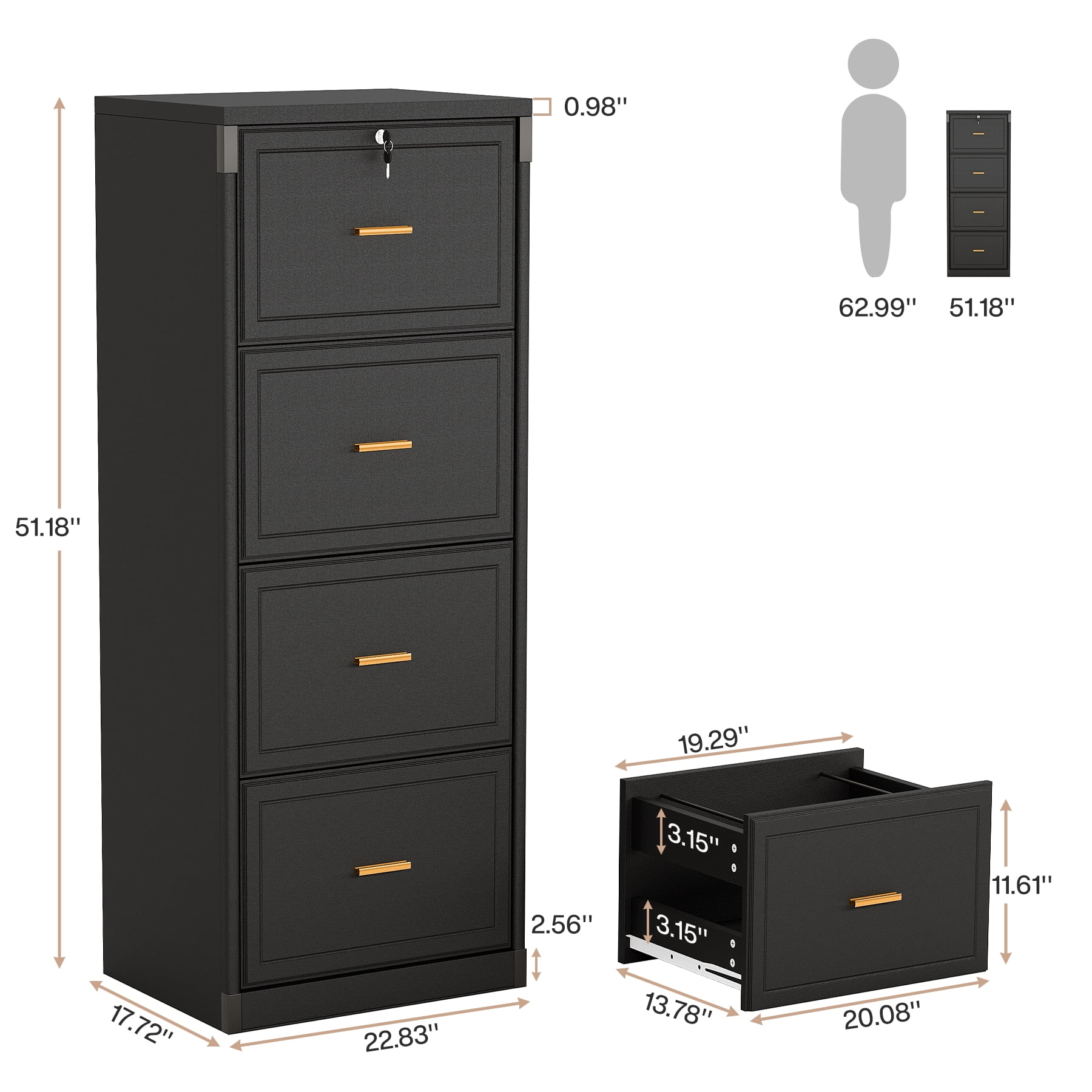 Fnova 4-Drawer File Cabinet, Tall Filing Cabinet with Lock and Key, Heavy Duty Wooden Vertical Office Storage Organizer for Legal Size/Letter/A4/Files, Home Office, Black