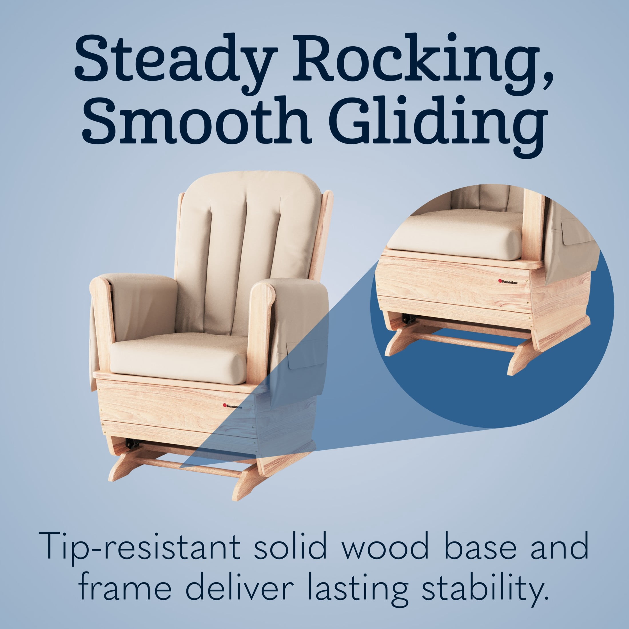 Foundations SafeRocker Standard Glider Rocker with Wood Skirt, Removable Vinyl Cushions, Tan