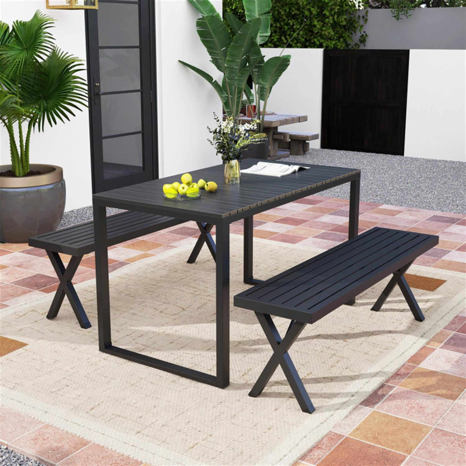 Demi Bonn Patio Metal Bench with Slatted Seat and X Legs, Outdoor Benches Accent Furniture for Yard, Garden, Black