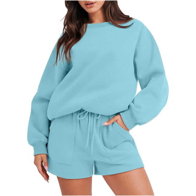 Robe à Manches Longues Femme Mode Blouse à Col Rond Hauts à Manches Longues Chandail en Molleton Shorts Ensemble Décontracté sous Robe Shorts Femme Robe d'Été à Manches Longues