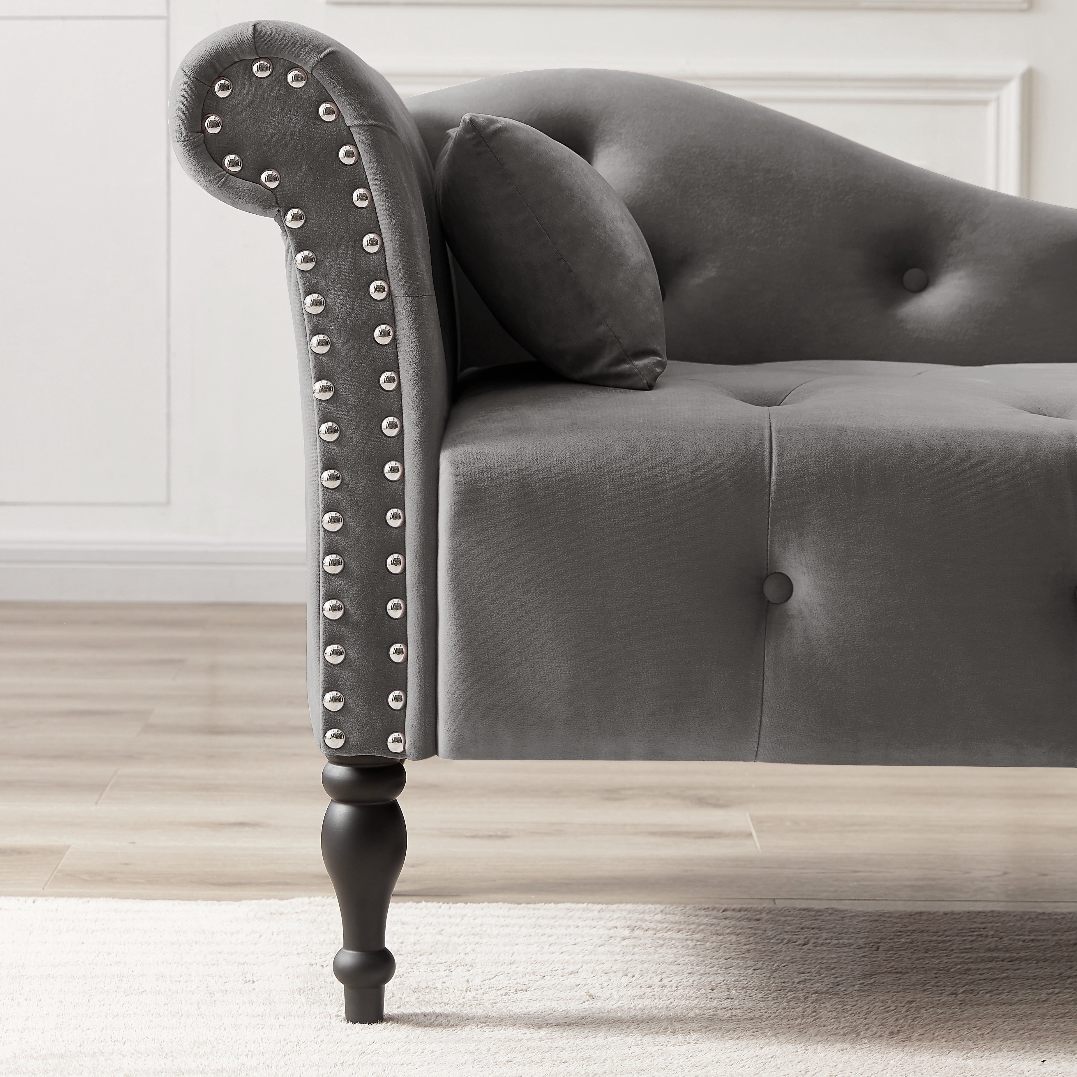 Miniyam Velvet Chaise Lounge, Tufted Accent Chaise Chair with Pillow for Living Room Bedroom, Gray