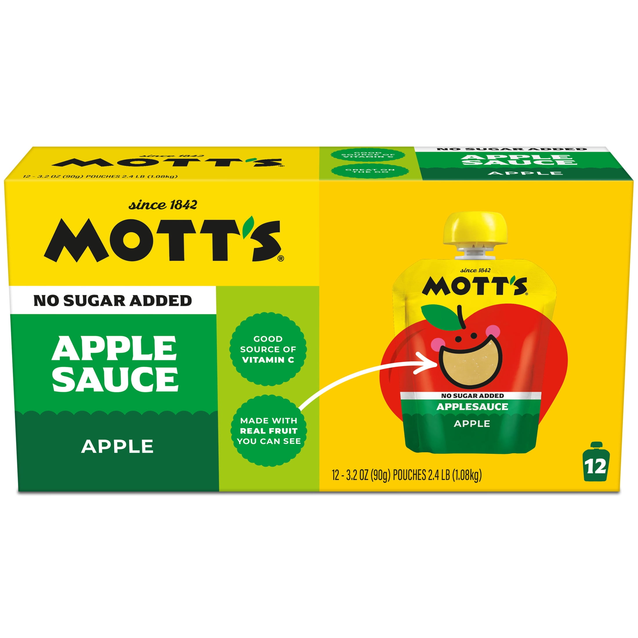 (4 pack) Mott's No Sugar Added Applesauce, 3.2 oz, 12 Count Clear Pouches