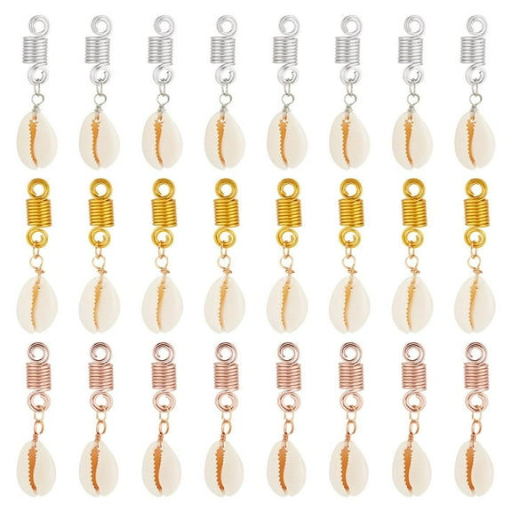 24Pcs 3 Colors Cowrie Shell Braiding Hair Pendants 50mm Shells Pendants Clips Shell Headpiece Hair Clips Pendants DIY Hair Braid Dreadlocks Ring