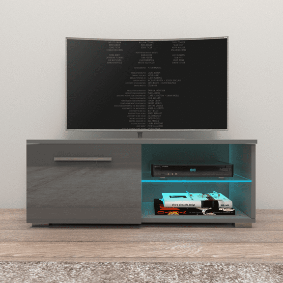 Moon TV Stand for TVs up to 50", Modern High Gloss 41" Entertainment Center, TV Media Console with Storage Cabinets and LED Lights