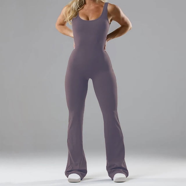 Bonanza de Rabais, Combinaisons Évasées Femmes Combinaison de Sport Yoga Barboteuse Extensible Justaucorps, Dos Nu, Entraînement Mise en Forme, Matériau Confortable, Style Décontracté Essentiels du Quotidien/100 % Polyester, Violet