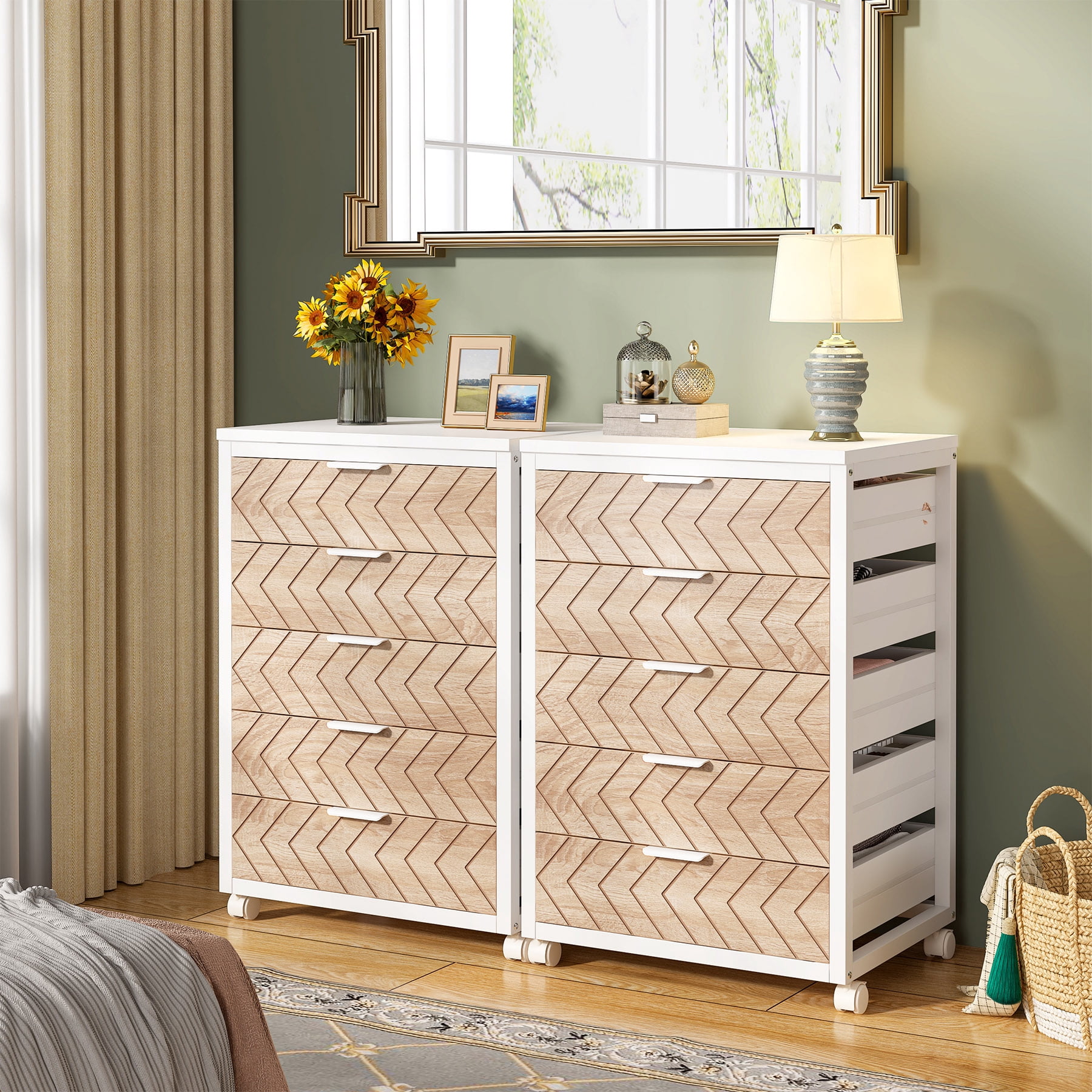 Tribesigns Modern 5-Drawer Dresser for Bedroom, Small Portable Chest of Drawers with Wheels and Metal Frame for Living Room, Beige & White