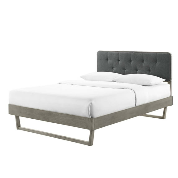 Platform Bed Frame, Queen Size, Fabric, Wood, Grey Gray, Modern Contemporary Urban Design, Bedroom Master Guest Suite