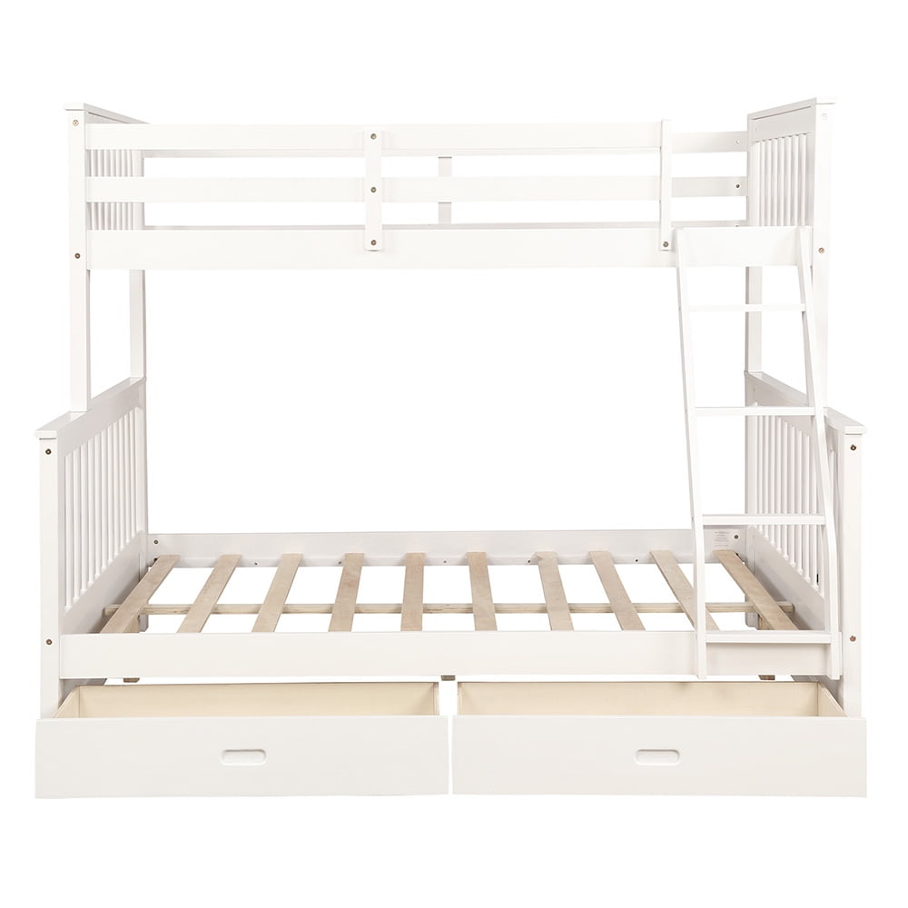 Twin-Over-Full Bunk Beds with Ladders and 2 Storage Drawers, White
