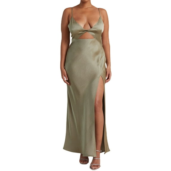 Sedceaty Women Summer Slip Dress, Patchwork Spaghetti Strap Deep V Neck Hollow Out Slit Hem One-Piece for Ladies, S/M/L/XL