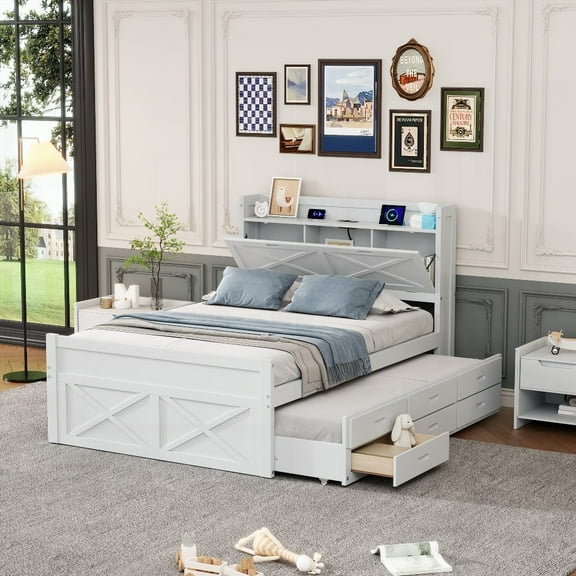 White Full Size Wooden Bed having Storage Headboard with Outlets & Twin Trundle 3 Drawers for Storage