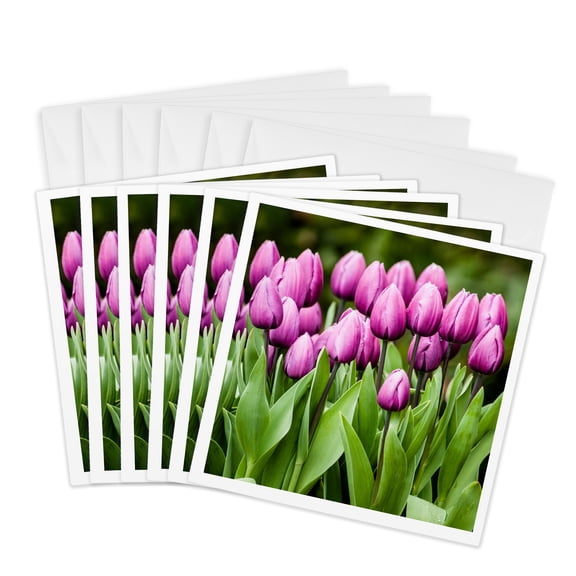 3drose, a Cluster of Purple Tulips Against Green Background, 6 Greeting Cards with Envelopes