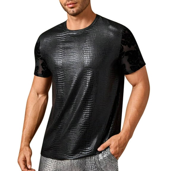 ZQUUVOU Men's T-Shirt Sequin Solid Color Crew Neck Short Sleeved Top (Black,2XL)