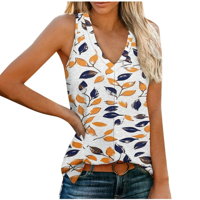 UPPADA Débardeurs d'Été pour Femmes à Col en V, Laçage à l'Avant, T-Shirts, Chemises Sans Manches, Coupe Ample, Chemises Confortables, Tenues de Plage, Orange, m