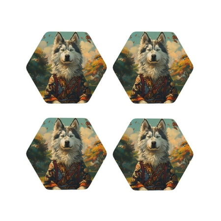 

Drink Coasters Set of 4 Forest Maple Leaf Husky Leather Coasters for Coffee Table Protector Heat Resistant Cute Coasters for Home Decor Housewarming Gifts Bar Kitchen 4 Inch Hexagon
