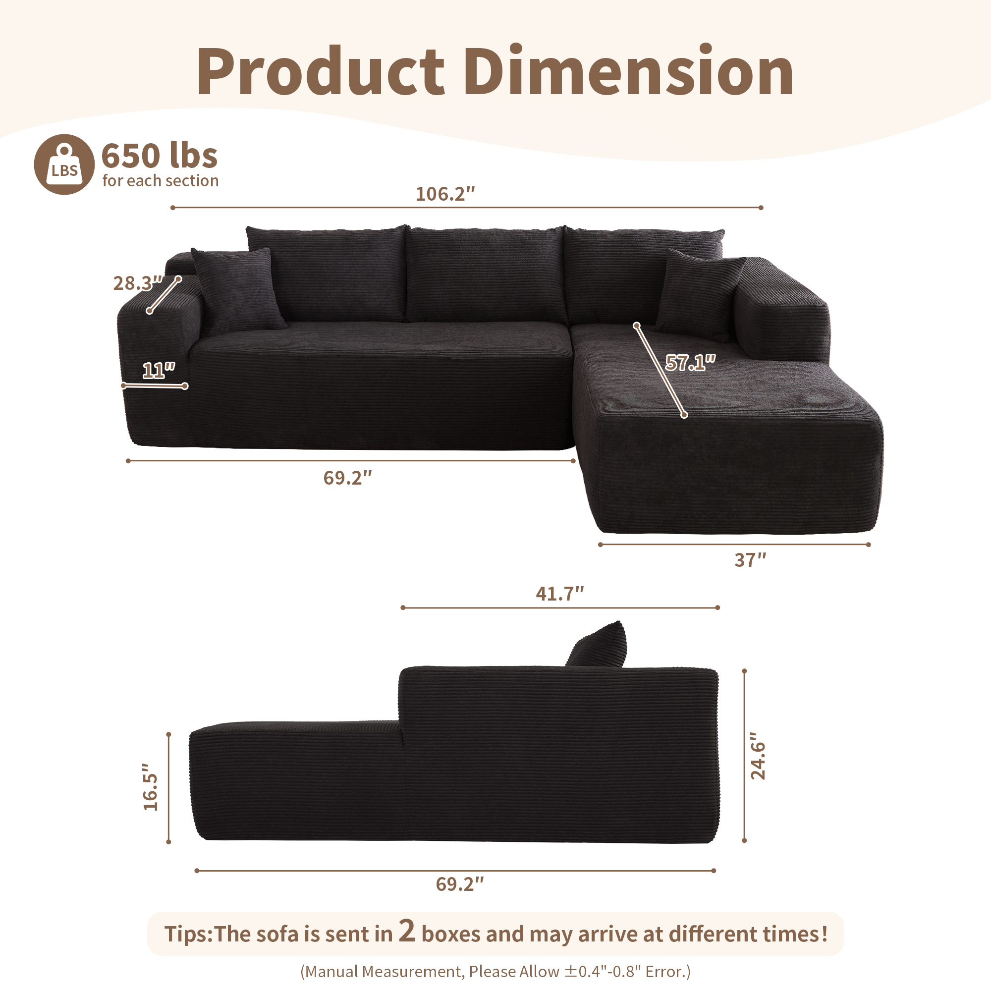 Ovios 106" Cloud Sofa Couch No Assembly Boneless Deep Seat Sofa for Living Room, Black (Corduroy)