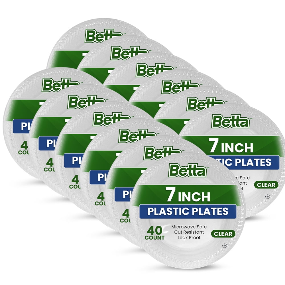 Betta 7-Inch Disposable Plastic Dessert Plates, Clear, 480 Count, Bulk Case, Microwave Safe (12 Pack Per Box x40)