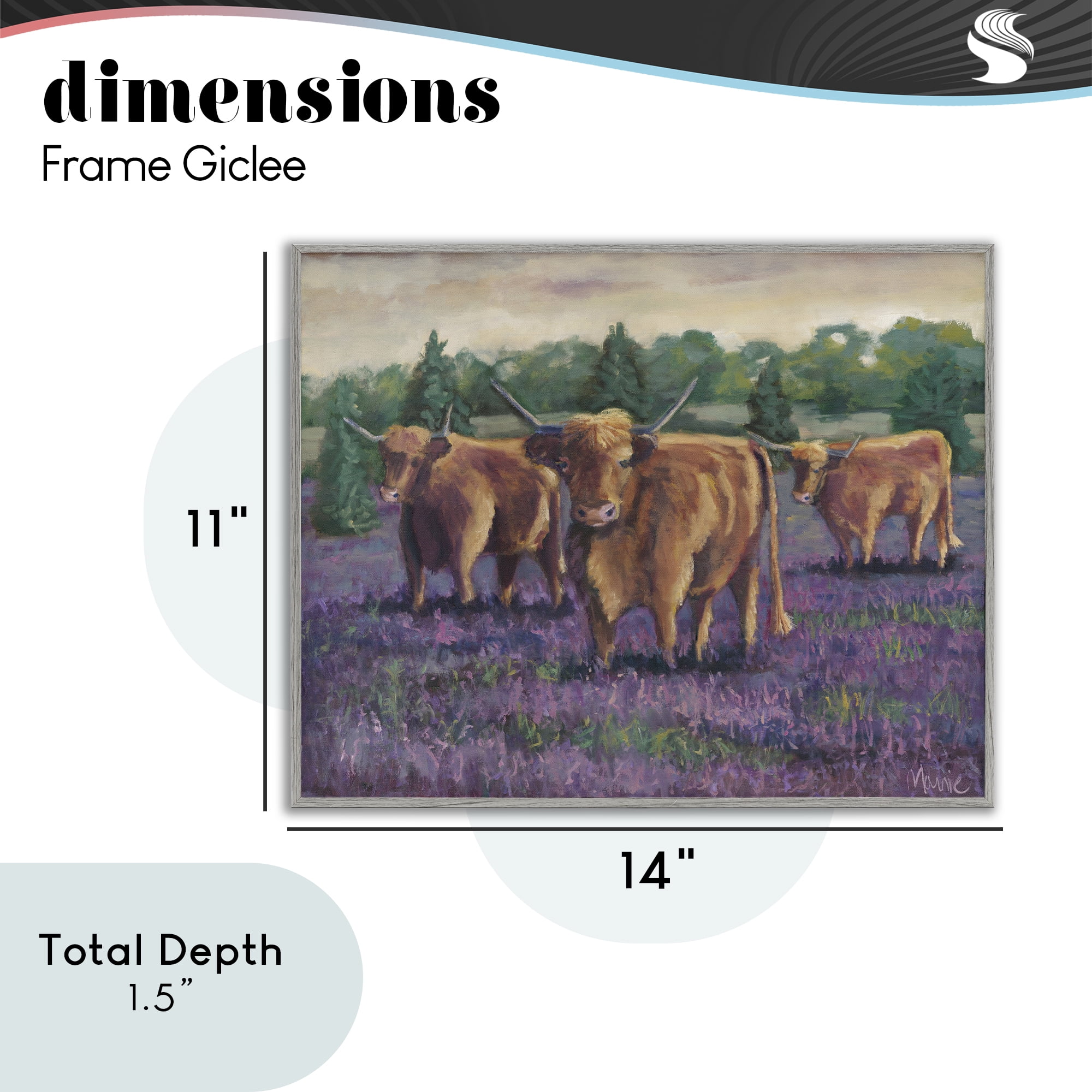 Purple Fields & Cows Gray Framed Giclee Art, design by Marnie Bourque