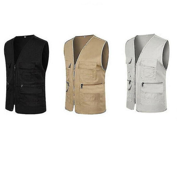 Chaleco tipo cargo informal con múltiples bolsillos para hombre, chaleco para pesca, viajes, senderismo, abrigo caqui