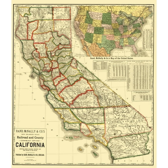 Railroad Map - California Railroads 1883  - Vintage Wall Art