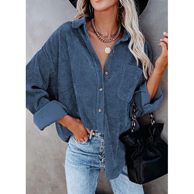 Femmes Velours Côtelé Chemise à Manches Longues Veste Oversized Tops