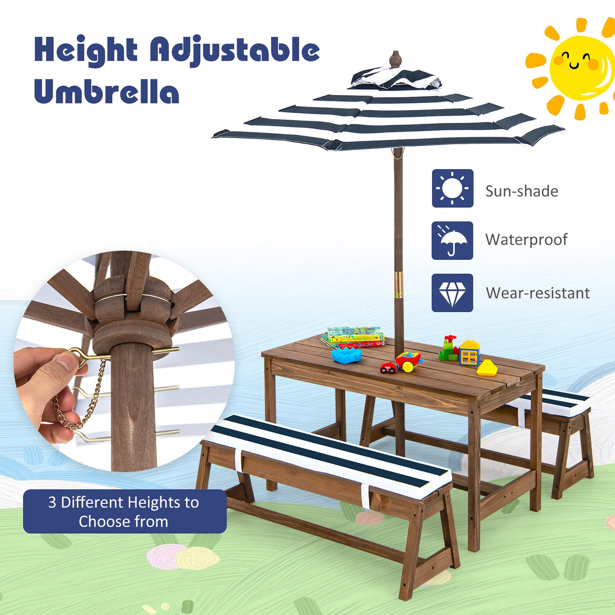 Gymax Kids Wood Picnic Table and Bench Set w/ Cushions Umbrella for Indoor Outdoor Blue