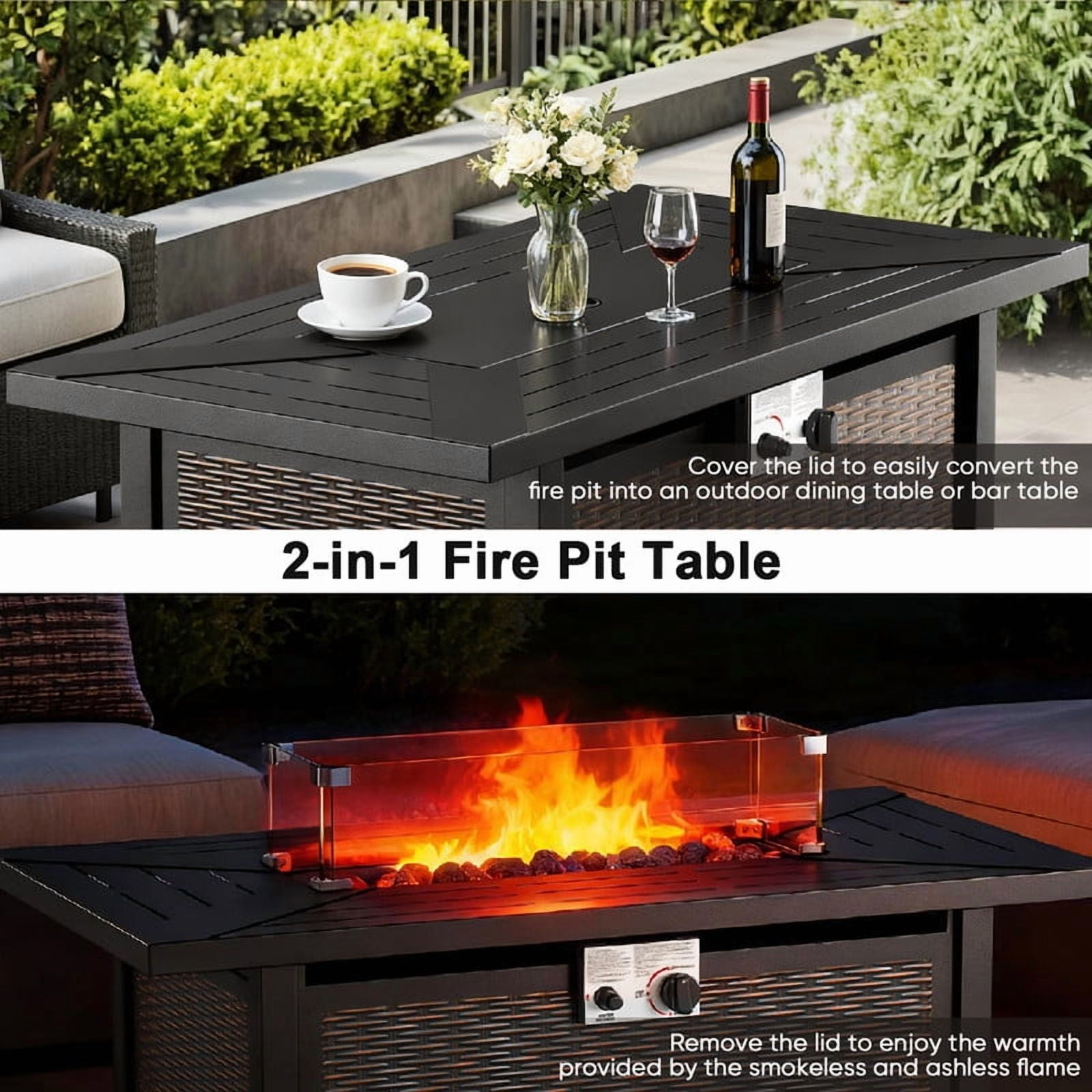 Giantfurnni 43" Propane Fire Pit Table with Lid, Outdoor Metal 50,000 BTUs Rectangle Gas Fire Pit Table with Glass Wind Guard and Lava Rocks for Balcony Porch Deck