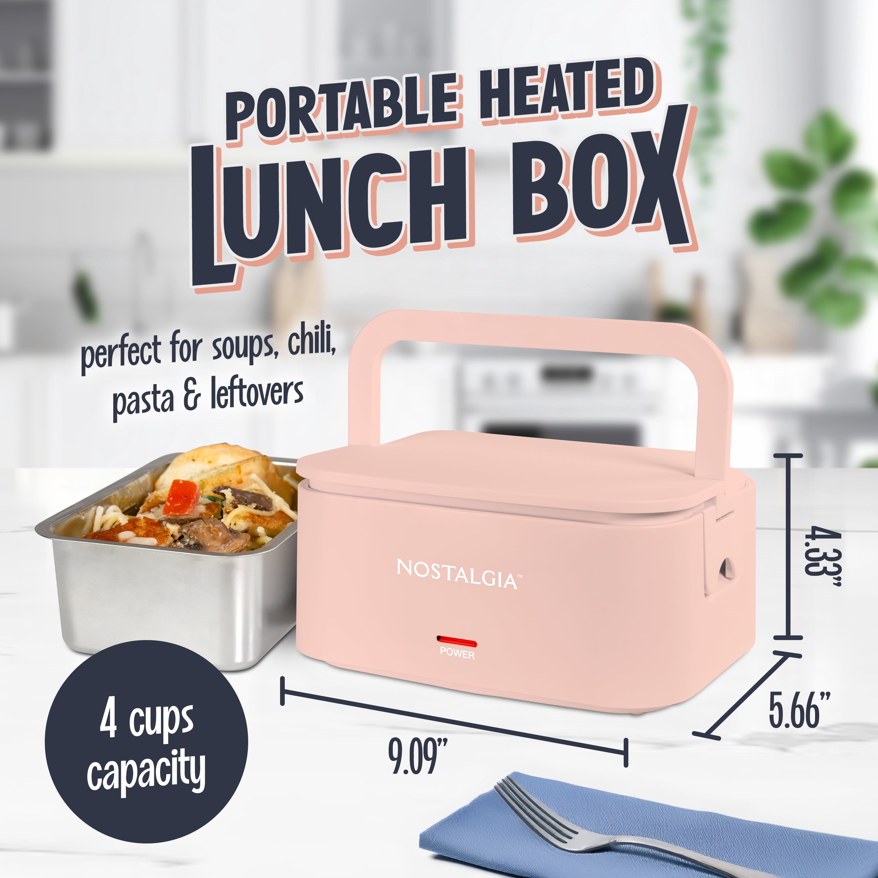 Nostalgia 32 oz Portable Heated Lunch Box with Stainless Steel Lunch Container, Cherry Blossom