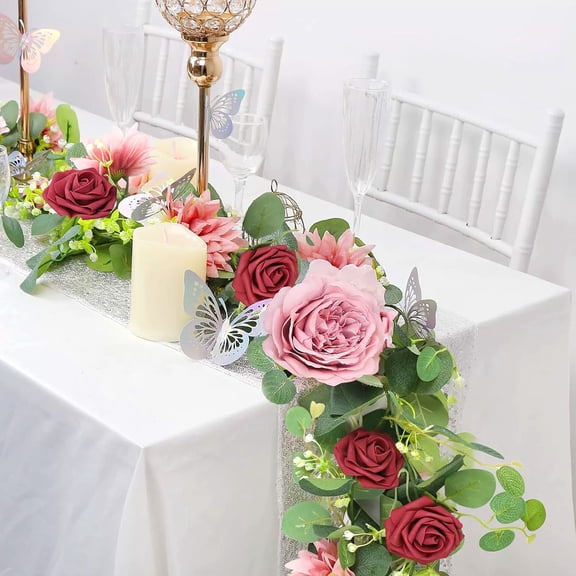 Leutsin 5.9FT Artificial Eucalyptus Flower Garland with Red Rose Flowers, Faux Silk Rose Vine Gypsophila Greenery for Home Party Wedding Table Decor