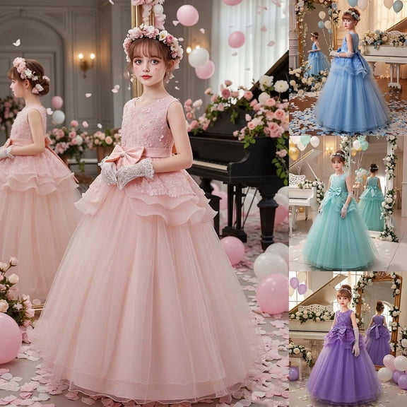 MAIHAN Girl Dress for Wedding Pageant Tulle Ball Gown Prom Kids Princess Birthday Party Bridesmaid Maxi Dresses(Pink,11-12 Years)