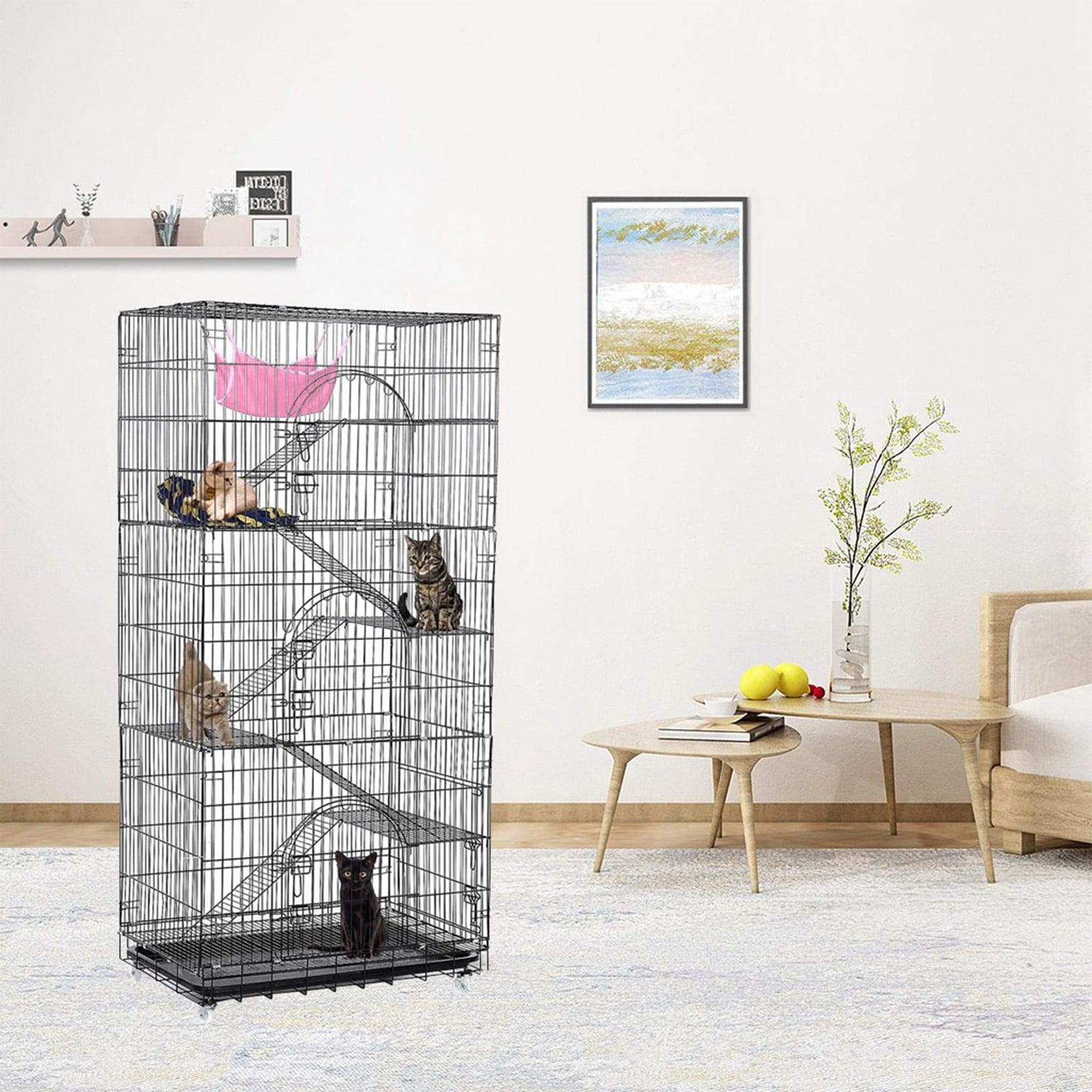 Collapsible Large 6-Tier Metal Pet Cat Cage Playpen Kennel Crate 76.8 Inches Height Cat House Furniture Pet Enclosure with 5 Ramp Ladders 5 Resting Platforms Beds Tray Hammock Cage for 5 to 8 Cats 