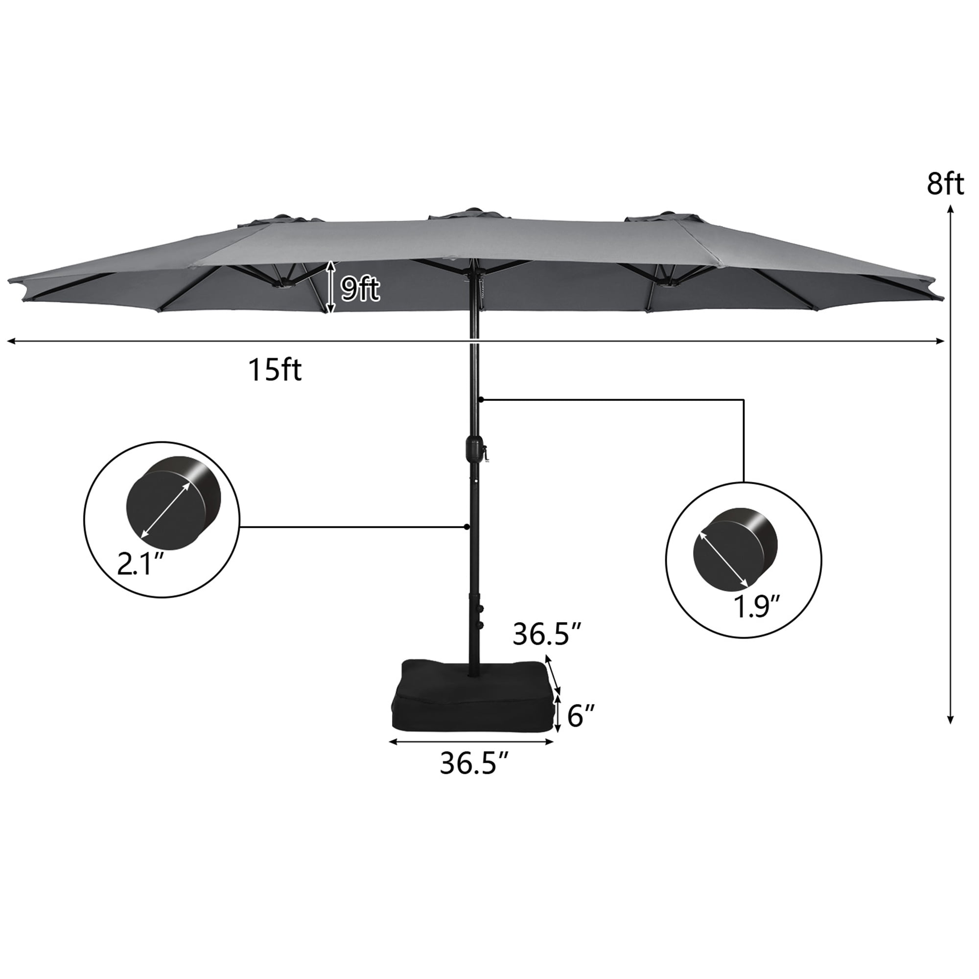 Gymax 15 ft Double-Sided Patio Twin Umbrella Extra-Large Market Umbrella w/ Base Grey