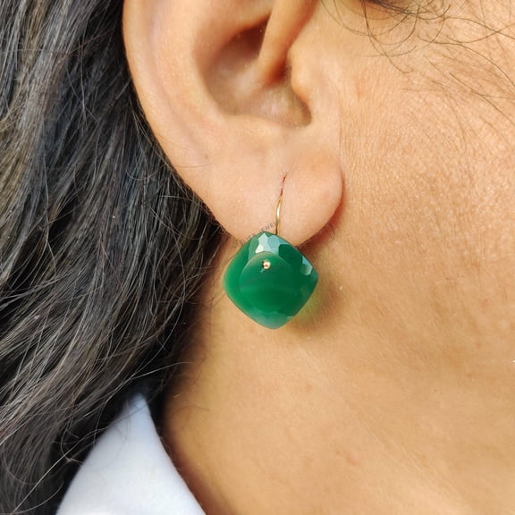 Natural Green Onyx Earrings, 14K Solid Yellow Gold Earrings, May Birthstone Earrings, Onyx Earrings, Birthday Present