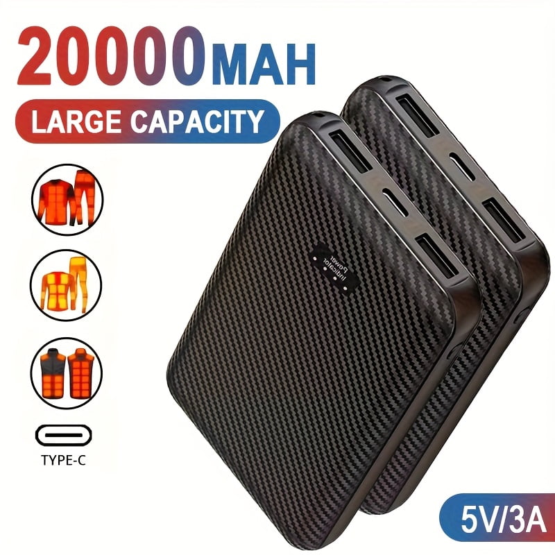 20000mAh Portable Power Bank, 1pc/2pcs, 5V 3A Output, Portable Charger, External Battery Pack for Heated Clothing, Jackets, Vests, Socks, Pads, Compatible with Smartphones, Tablets, Devices