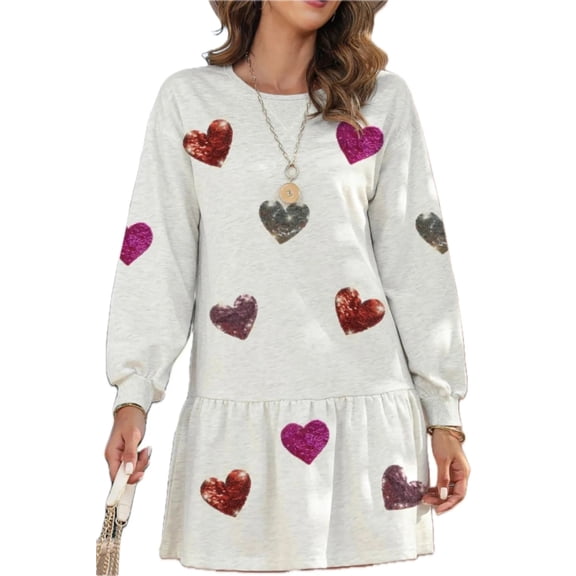 Women's Sequin Heart Neck Long Sleeve Mini Dress Sparkle Sheer Overlay Opaque Stretch Body 80% Polyester 20% Cotton