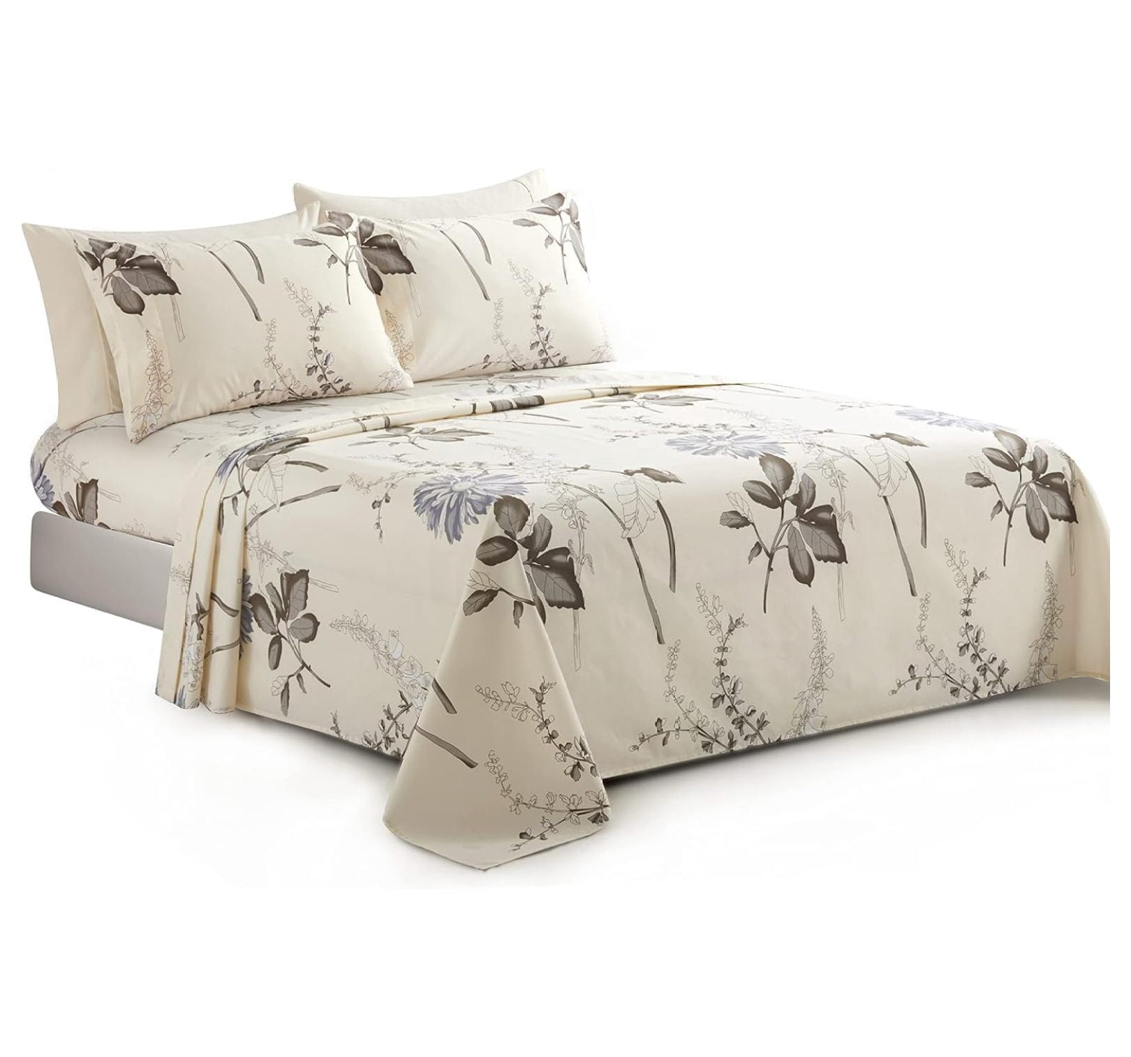 Ultra Soft Silky Deep Pocket Rich Printed Bedding Rayon Derived from Bamboo All Season 6 Pieces Sheet Set with 4 Pillowcases, Blue Chrysanthemum Floral Pattern Queen Size