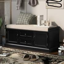 Bellemave Entry Storage Bench with Cushion, Shoe Bench with 2 Drawers and 2 Cabinets, Wooden Organizer Storage Bench for Entry/Bedroom/Closet/ Living Room/Hallway（Black）