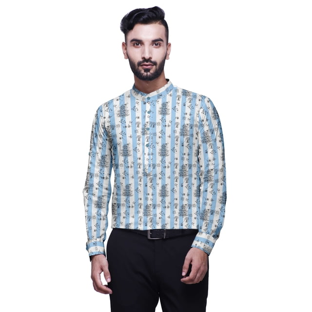 BESTMAN Chemises à Manches Retroussables Imprimées Kurta Mandarin Col Court pour Hommes