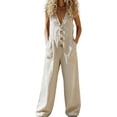 thumbnail image 2 of Oksale Wide Leg Jumpsuits for Women Plus Size Casual Cozy Linen Jumpsuit Dressy Button V Neck Sleeveless Bib Overalls with Pockets Khaki 3XL, 2 of 3
