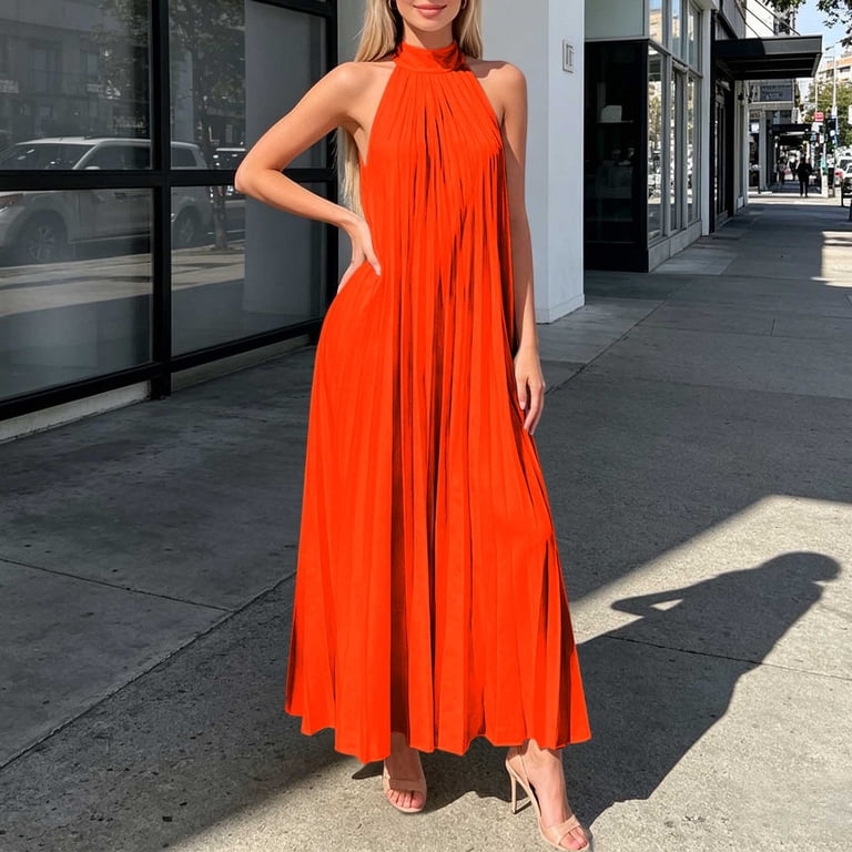 sleeveless pleated halter midi dress Hinvhai for Women, High Neck Oversized Loose Solid Beach Casual Dress Orange L(l), Women's, Size: Large halter neck cocktail dress