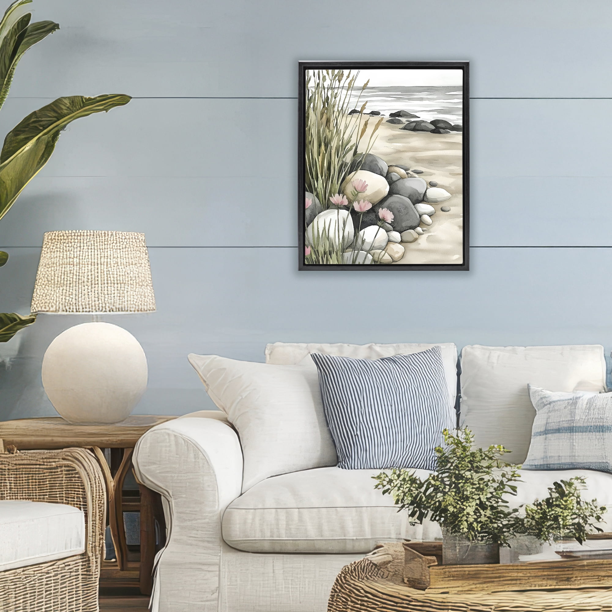 Stupell Industries Coastal Calm Pebbles Black Framed Floater Canvas Wall Art, design by Riley B