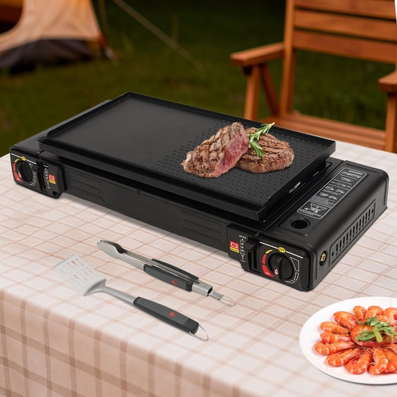 2-Burner Portable Gas Stove with Baking Pan, 2500W per Burner & Overpressure Safety Valve, Includes Connector, Perfect for Camping, RVs, Patio