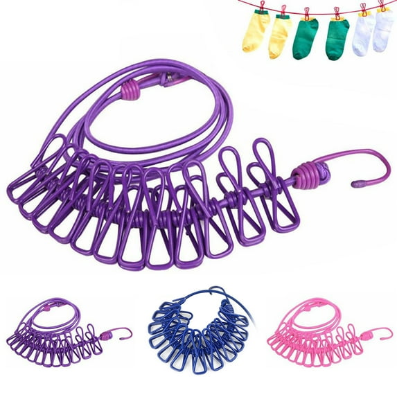 Portable Elastic Windproof Drying Clothes Hanger Clothes Line with 12 Clips Blue PP Steel Wire