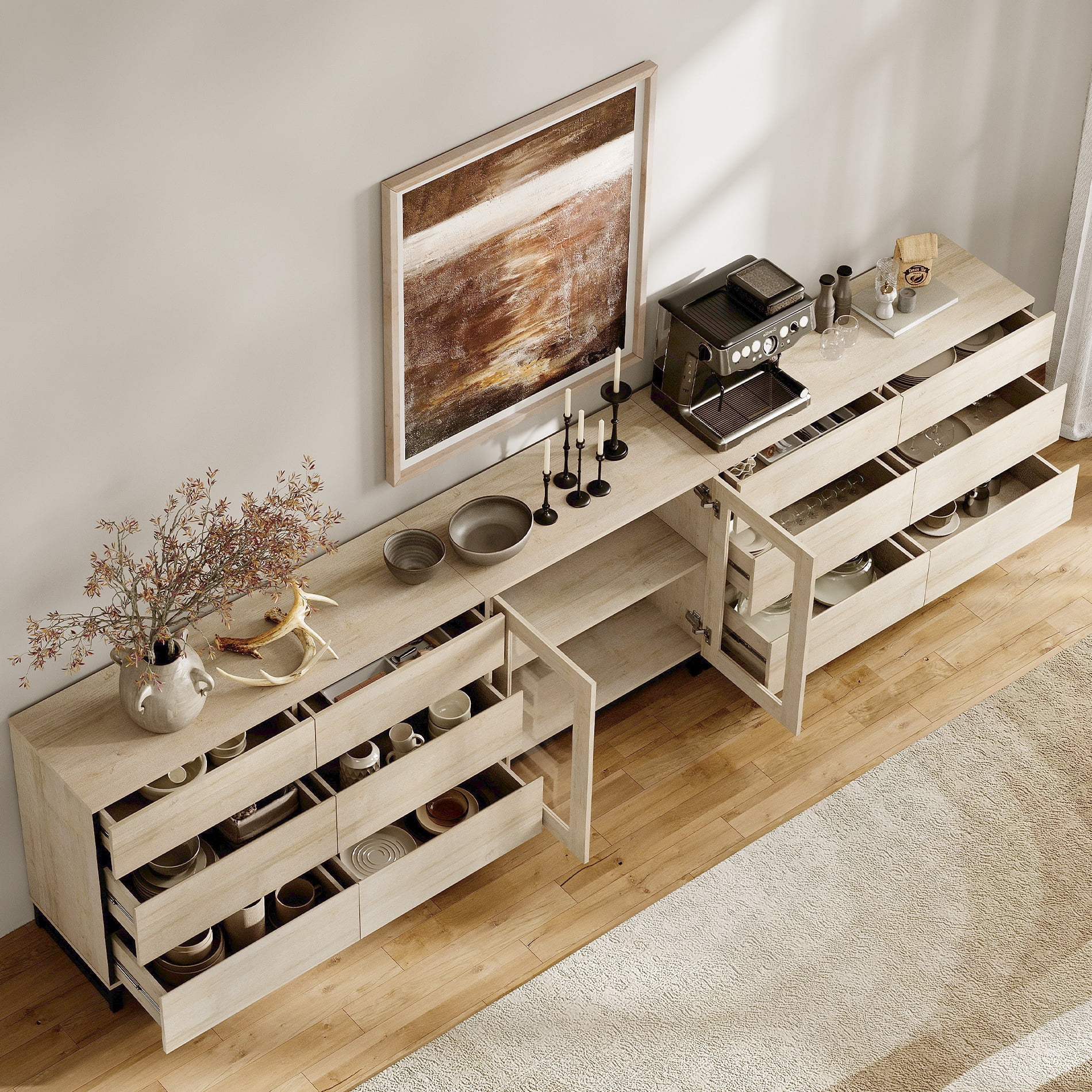 3-In-1 Multifunctional Sideboard Buffet with 12 Drawers, Modern Tempered Glass Door Credenza with Adjustable Shelf & Metal Base, Freestanding Coffee Bar Storage Cabinet for Kitchen Living Room