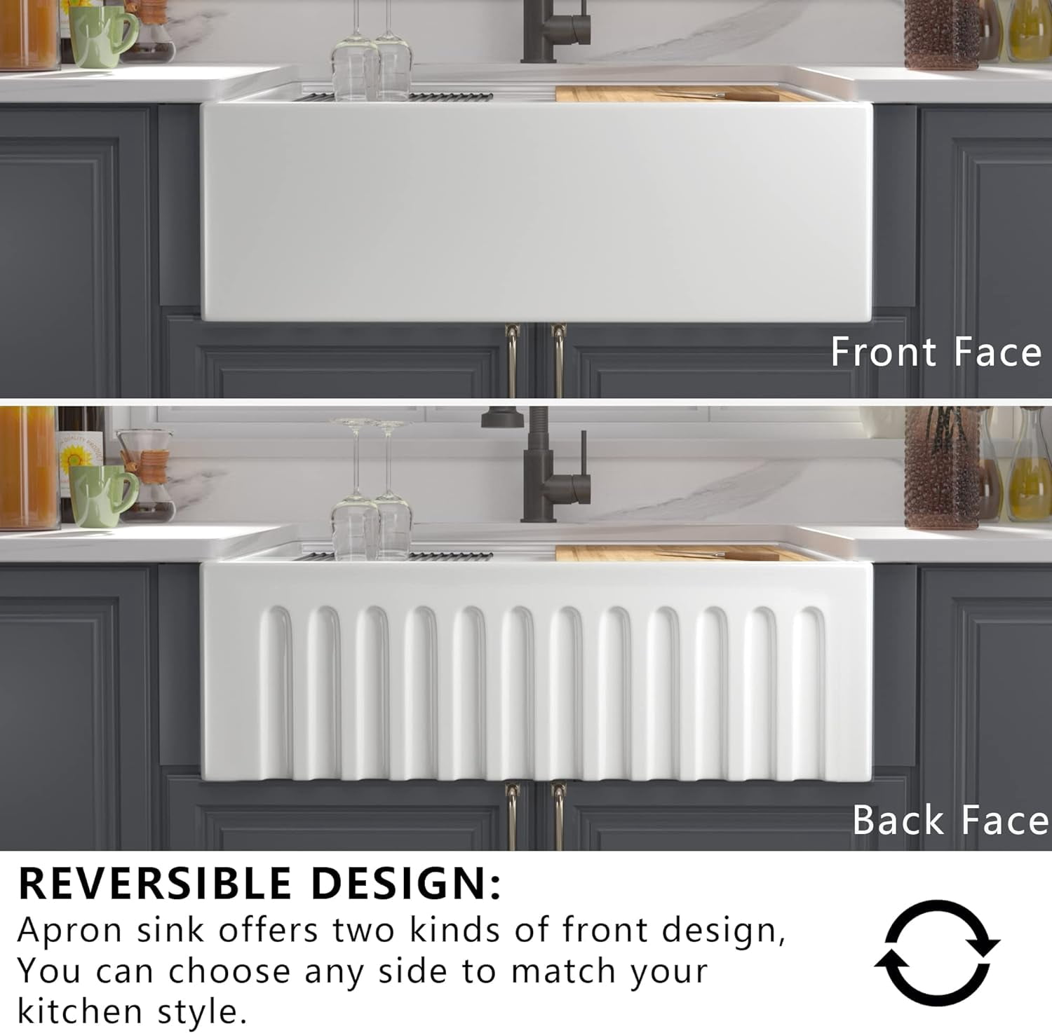 White Farmhouse Workstation Sink Double Bowl 33 X 20 Inch – Fireclay Apron Front Farm Sink, Undermount Heavy Duty Dual Basin, Reversible (Sleek Or Fluted Finish)